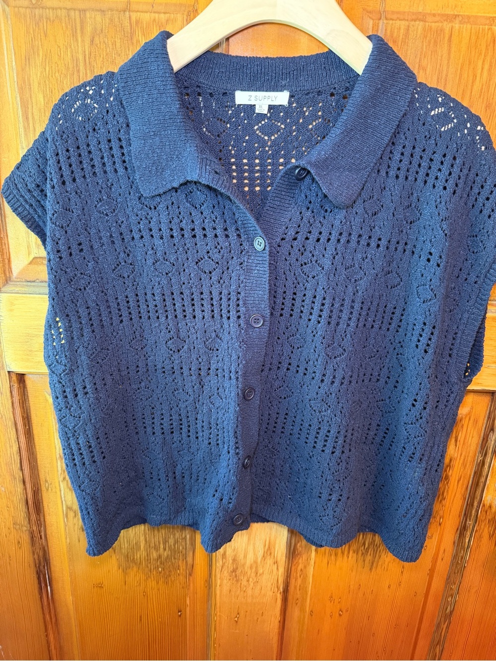 Z Supply Navy Openwork 100% Cotton Knit Short-Sleeve Button Cardigan from Everev
